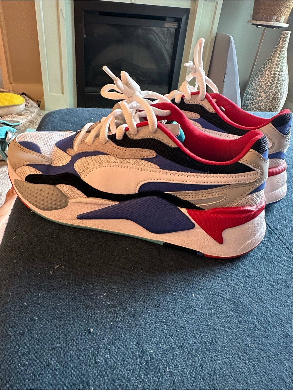 Athletic Sneakers in White, Blue & Red